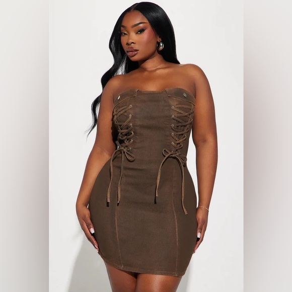 Fashion Nova Dresses & Skirts - Pick Me Denim Mini Dress - Brown Acid Wash - size 2X